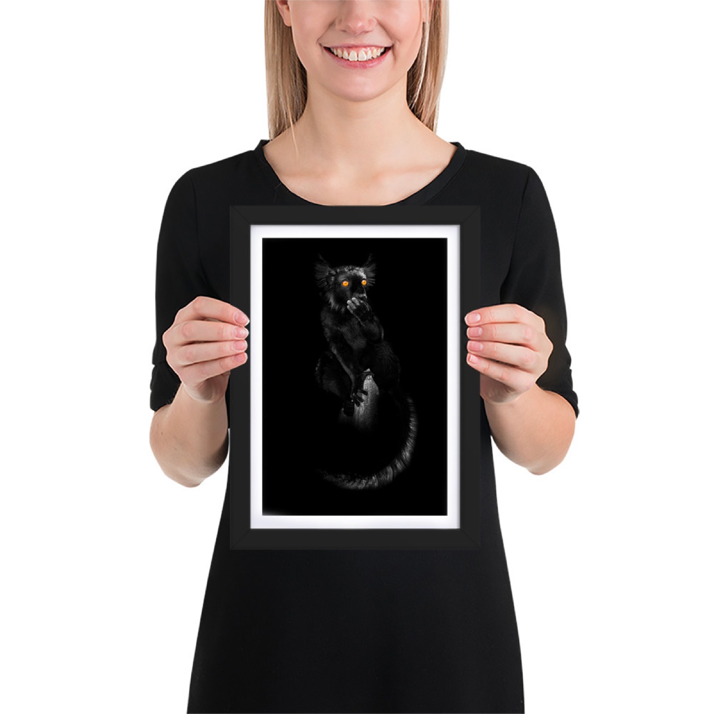 Ritratto fine art di lemure nero (Eulemur macaco) su sfondo nero
