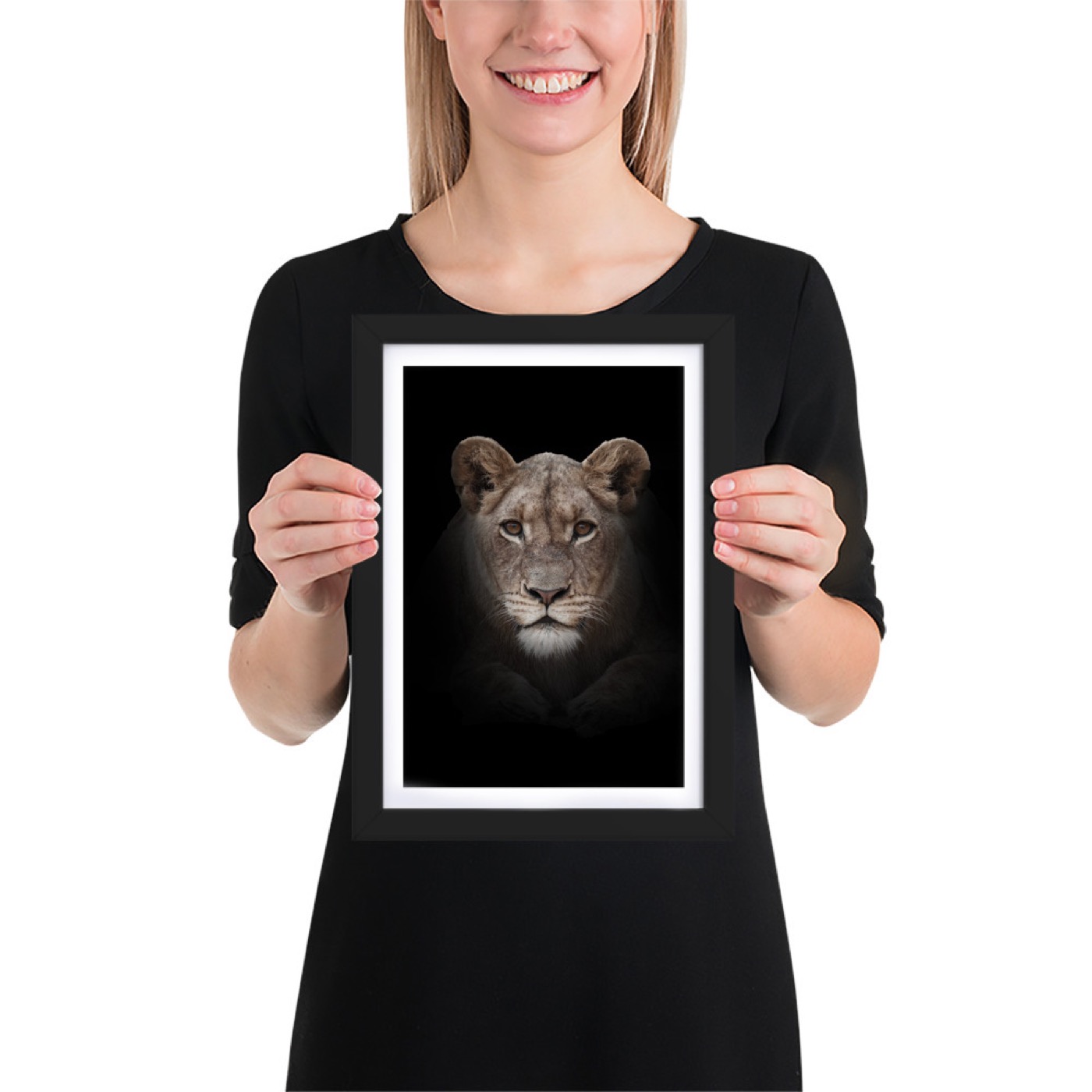 Ritratto fine art di leonessa (Panthera leo) su sfondo nero