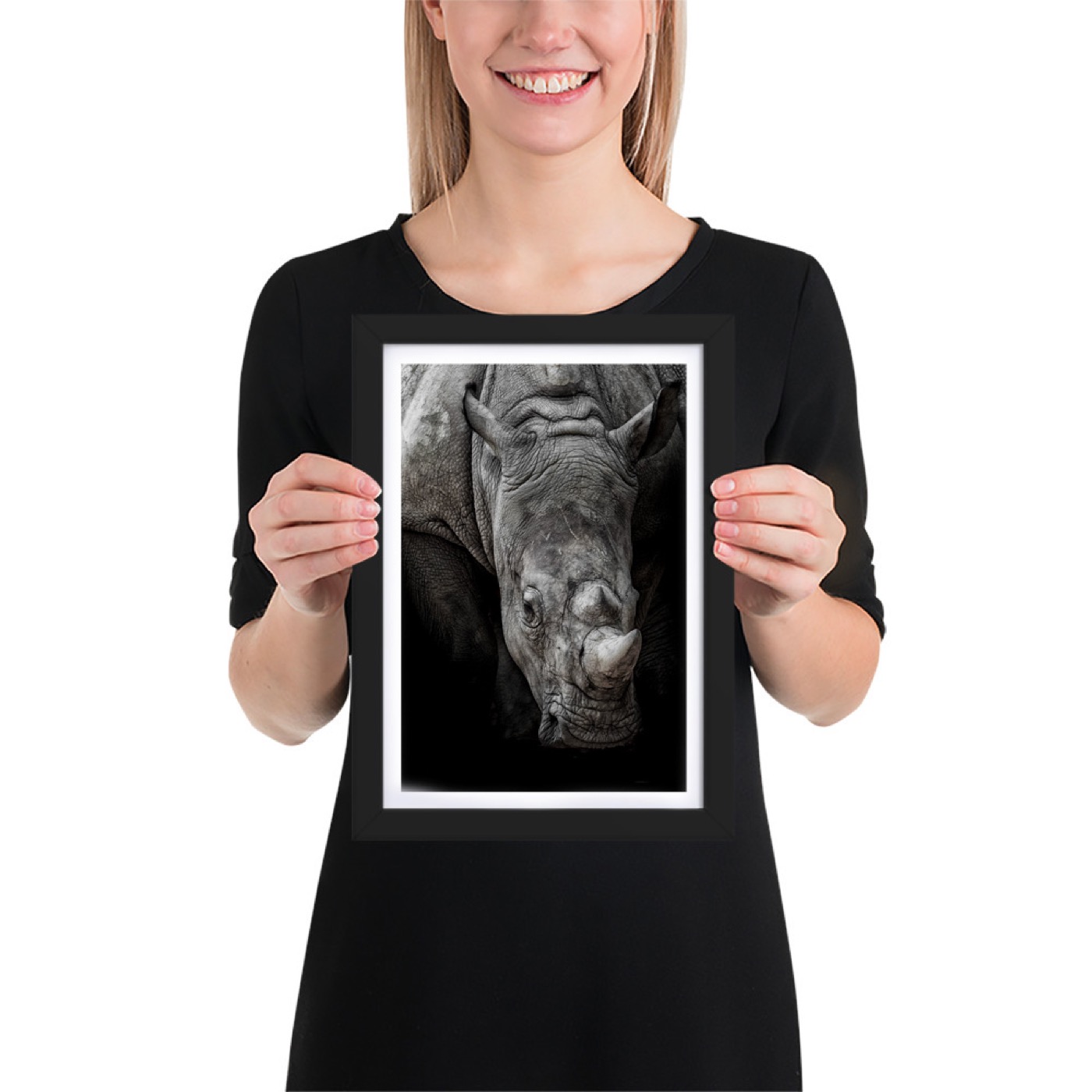 Fine-art portrait of black rhinoceros (Diceros bicornis) on a black background
